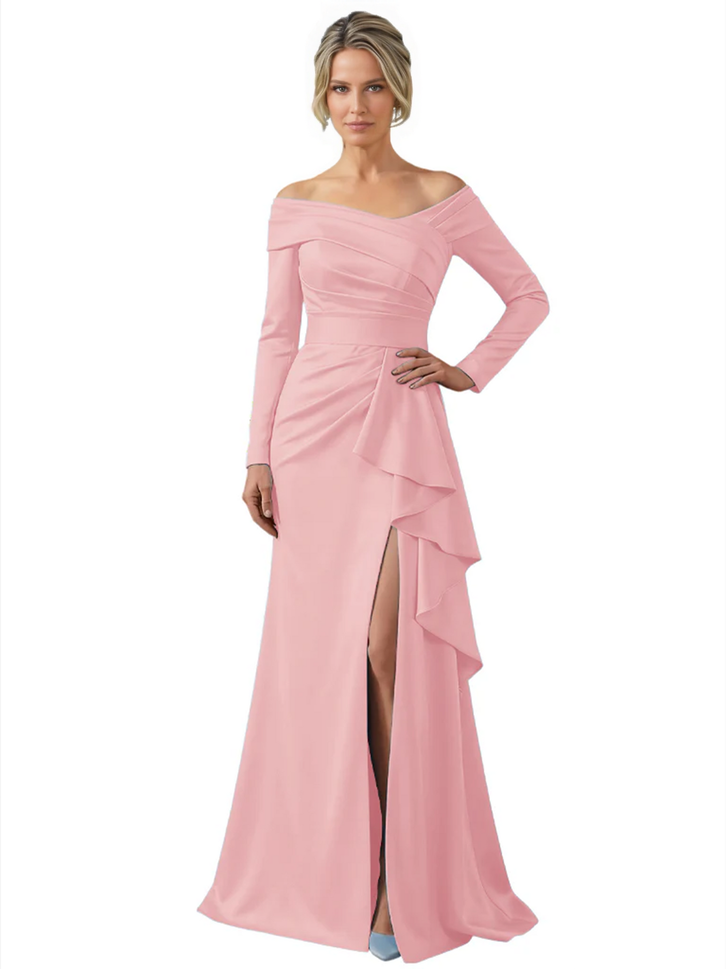 Elegant Mother of the Groom Dress Cascading Ruffle Satin Gown with High Slit Long Sleeves