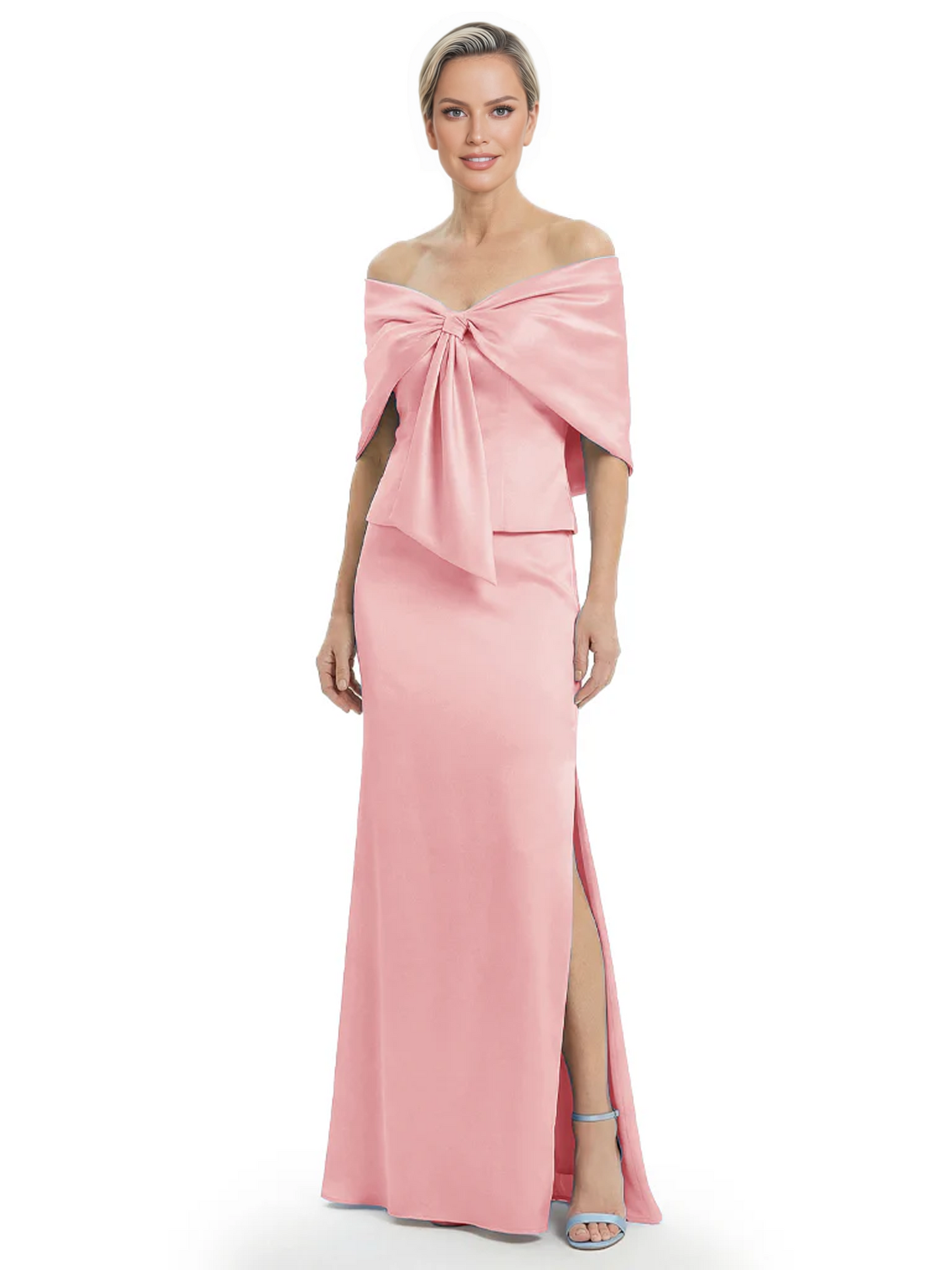 Formal Floor-Length Mother of the Bride Gown Satin Maxi Dress with Bow Neckline
