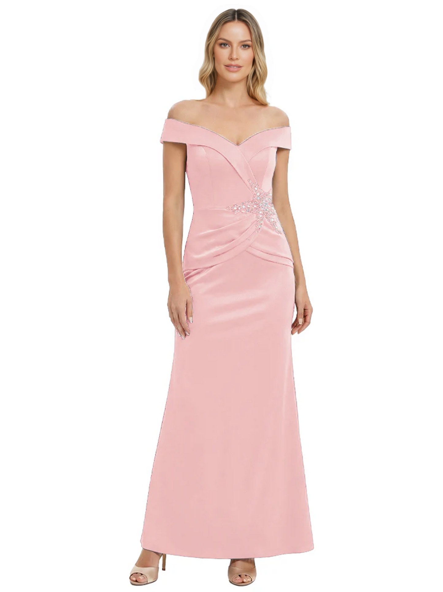 Off Shoulder Mother of the Bride Dress Beaded Waist Satin Gown Portrait Neckline