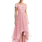 Formal High-Low Mother of the Bride Gown Short Sleeve Lace Maxi Dress with Tiered Skirt