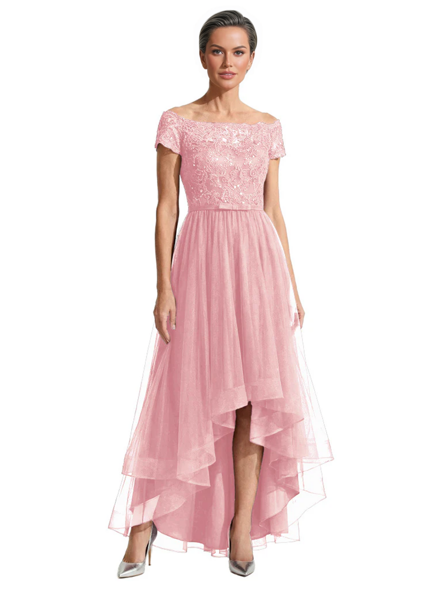 Formal High-Low Mother of the Bride Gown Short Sleeve Lace Maxi Dress with Tiered Skirt