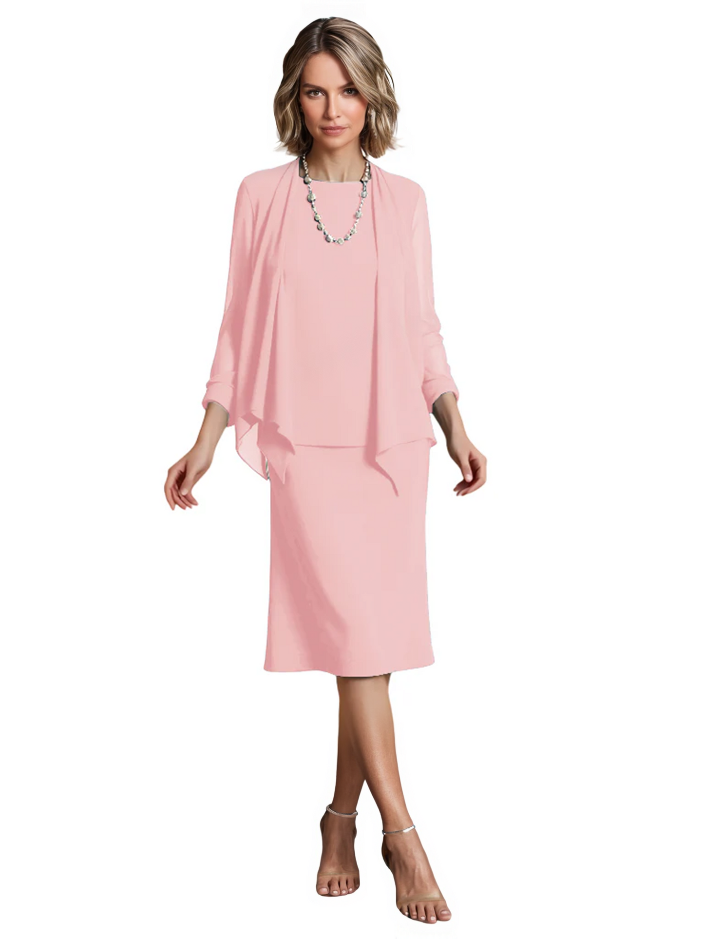 3 PCS Knee-Length Mother of Bride Dresses Prom Dress Evening Dress with Sheer Sleeves and Jacket