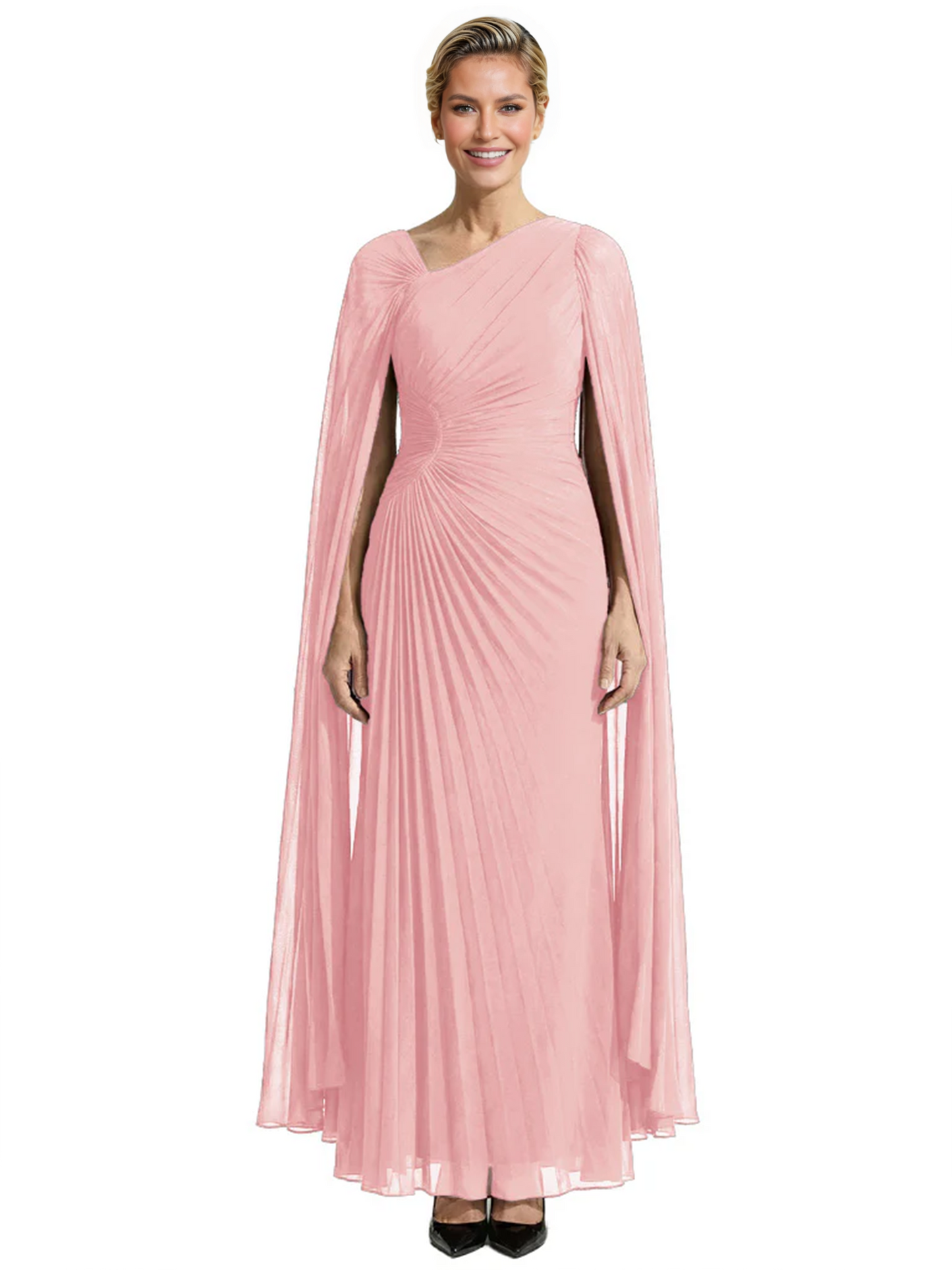 Elegant Asymmetric Neck Long A-Line Chiffon Mother of the Brides Dresses Mom Outfit with Cape