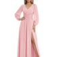 A-Line Mother of Bride Dress V-Neck Chiffon Gown Long Sleeves Slit Formal Dress