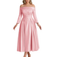 Off Shoulder Mother of the Bride Dress Tea-Length Satin Gown with Lace Applique