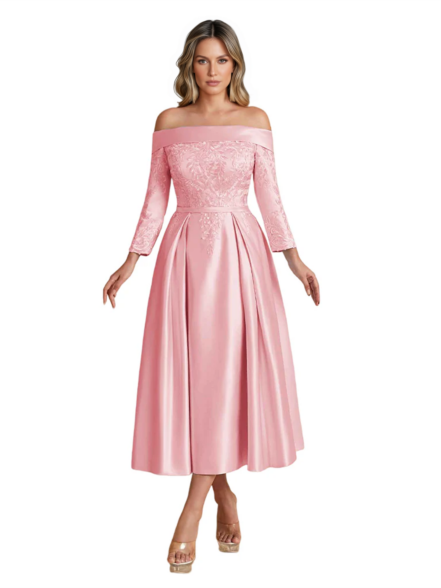 Off Shoulder Mother of the Bride Dress Tea-Length Satin Gown with Lace Applique