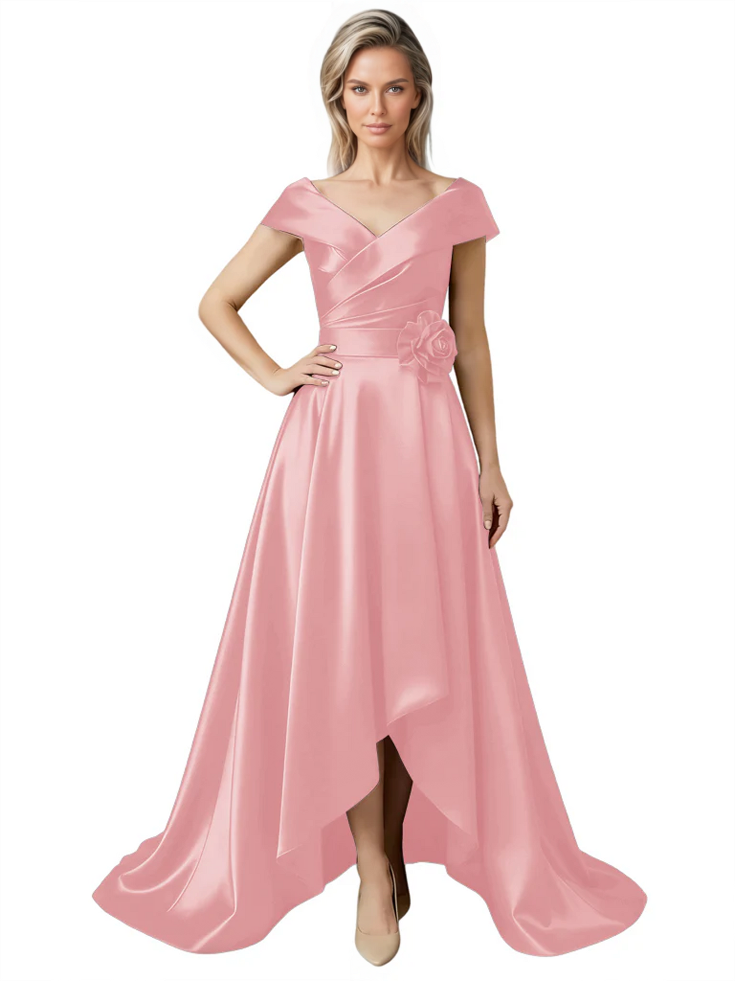 Off Shoulder Mother of the Bride Dress High-Low Satin Gown with Portrait Neckline