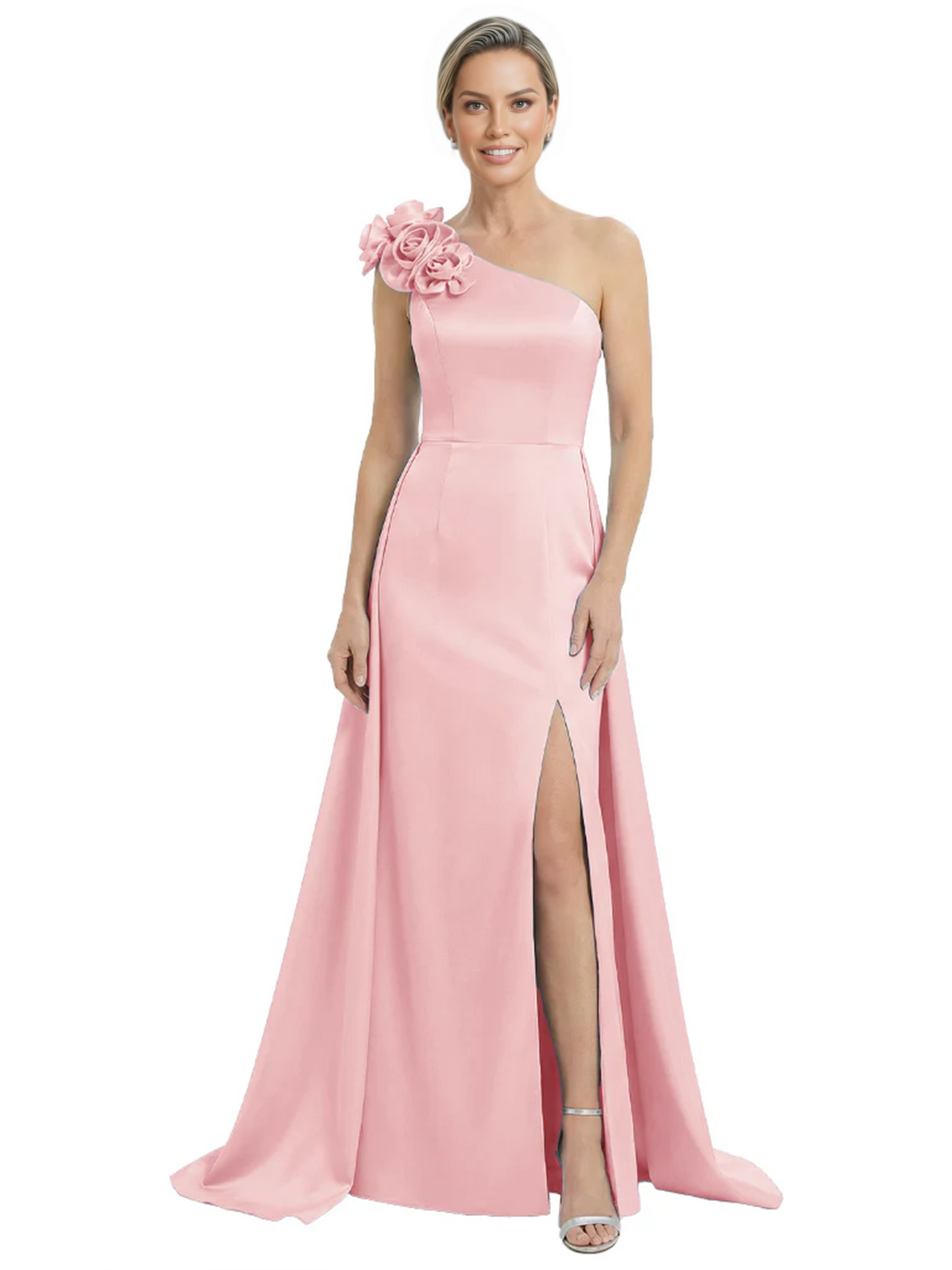 One Shoulder Mother of the Bride Dress with 3D Floral Detail Formal Dress A-Line Gowns with Slit