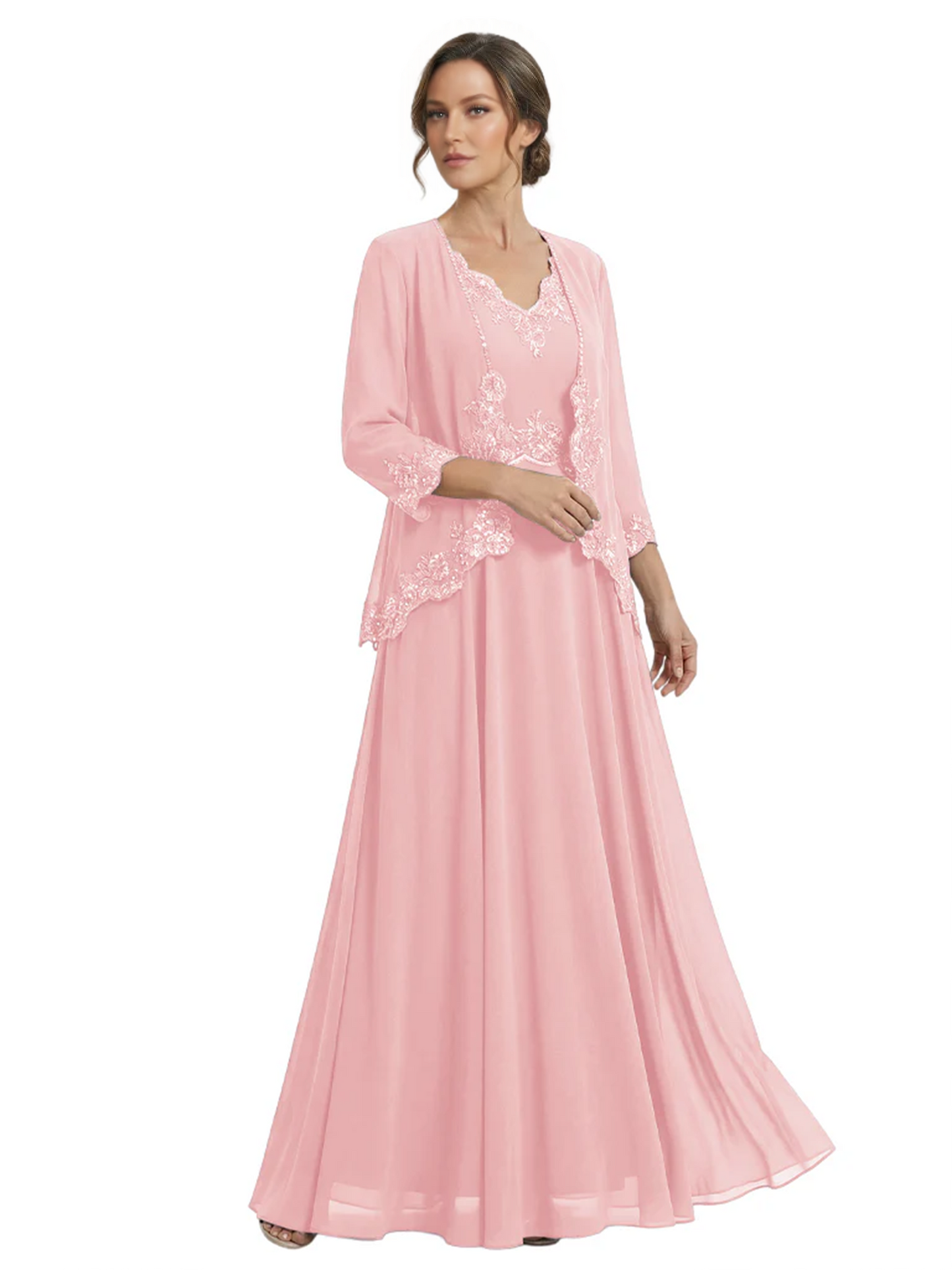 Plus Size A-line Chiffon 3/4 Sleeves Mother of the Brides Dresses Long Jacket Dress