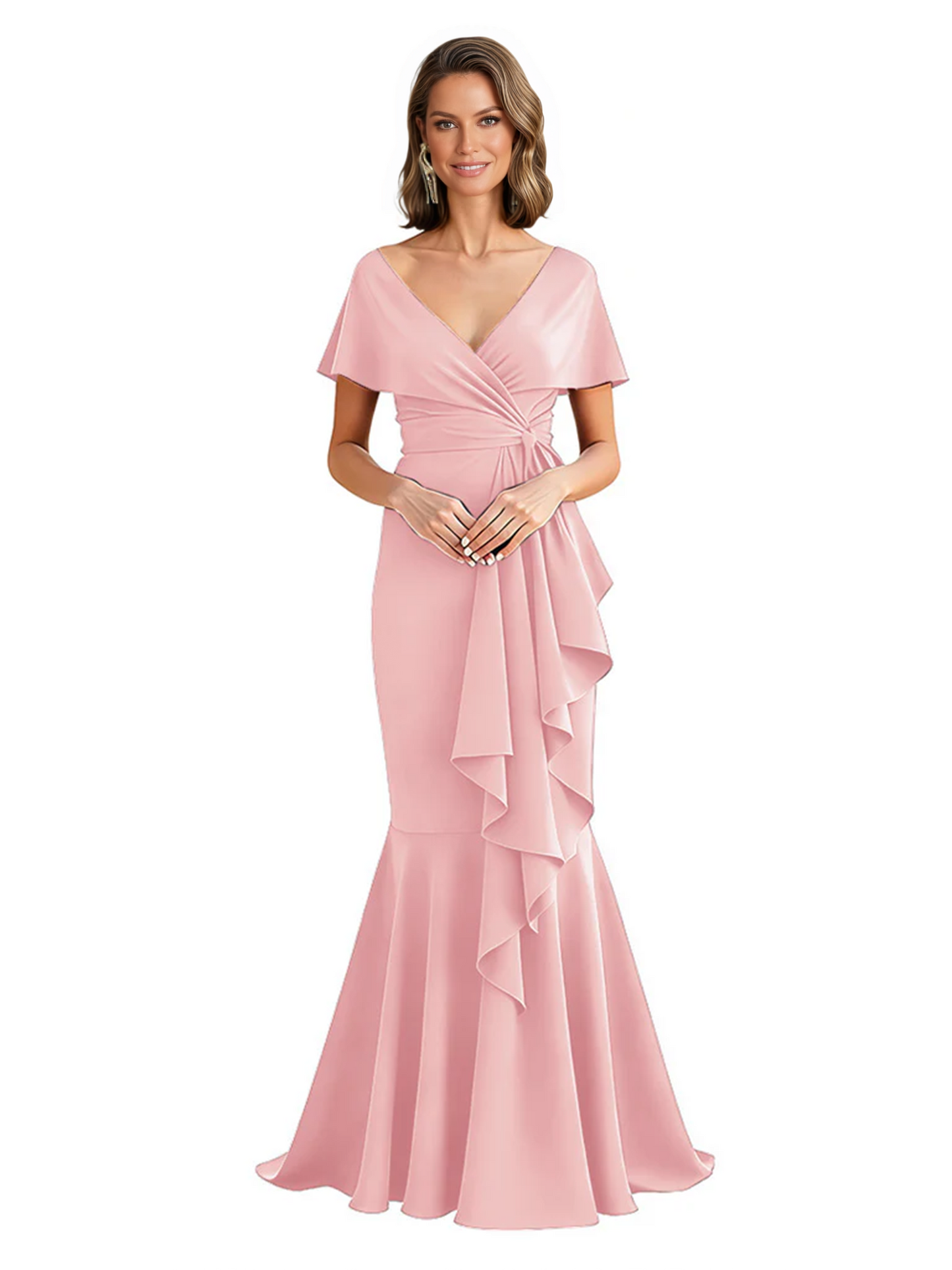 Satin Mother of the Bride Dress with Cascading Ruffles and Mermaid Tail V-Neck