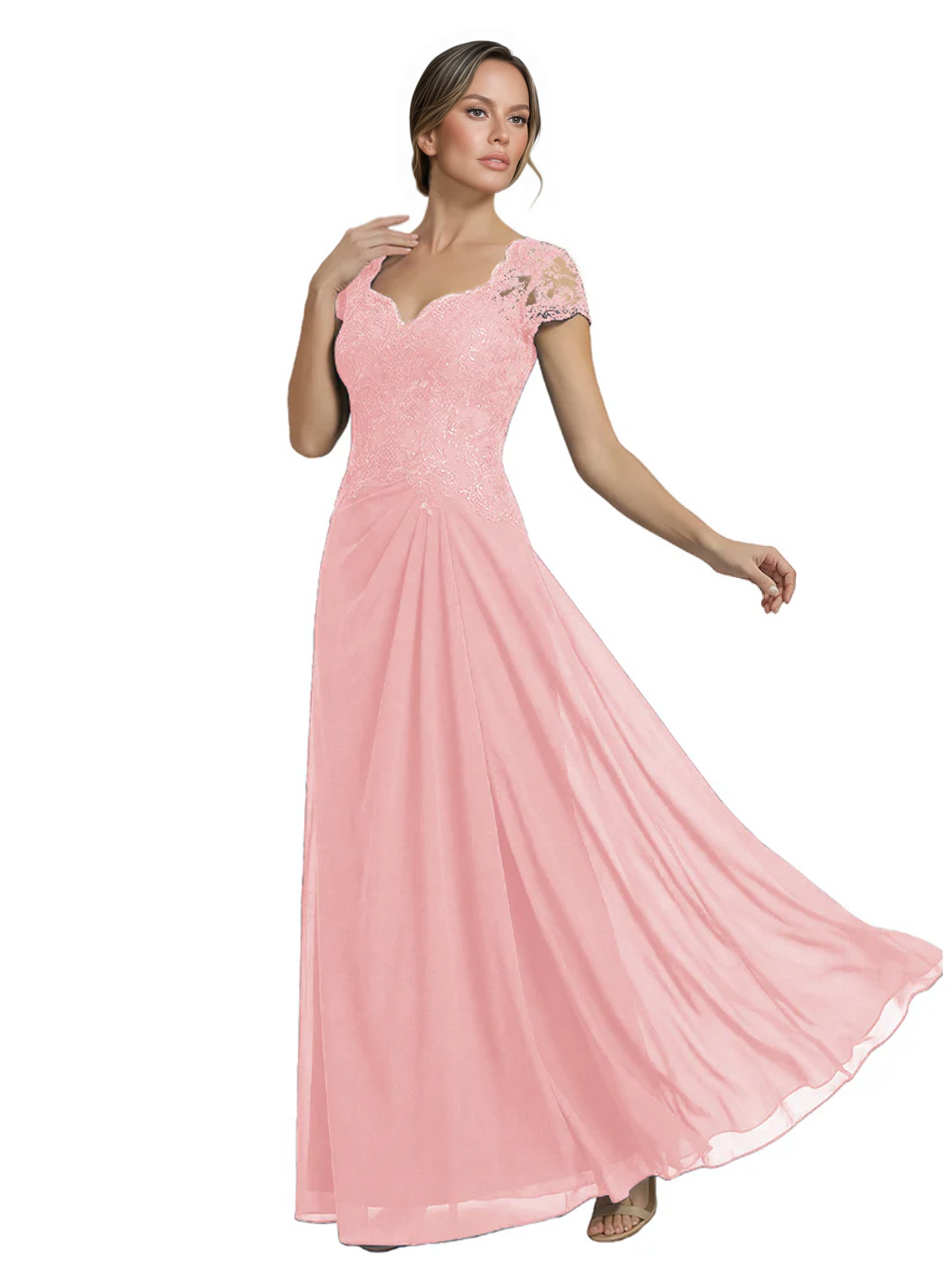 Long A-line Chiffon Short Sleeves Mother of the Brides Dresses Lace Wedding