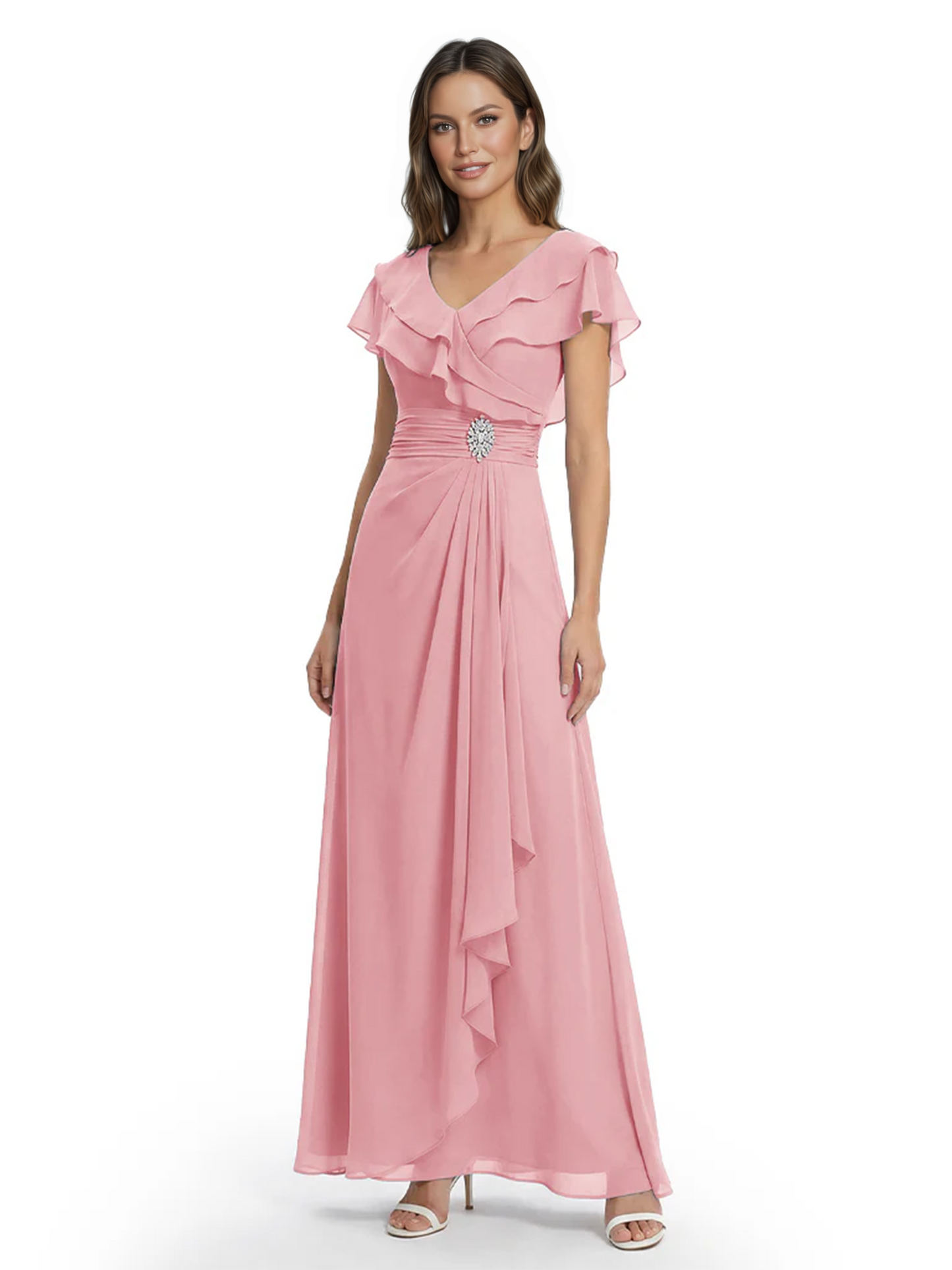Elegant Mother of the Groom Dress Cascading Ruffle Chiffon Formal Gown Rhinestone