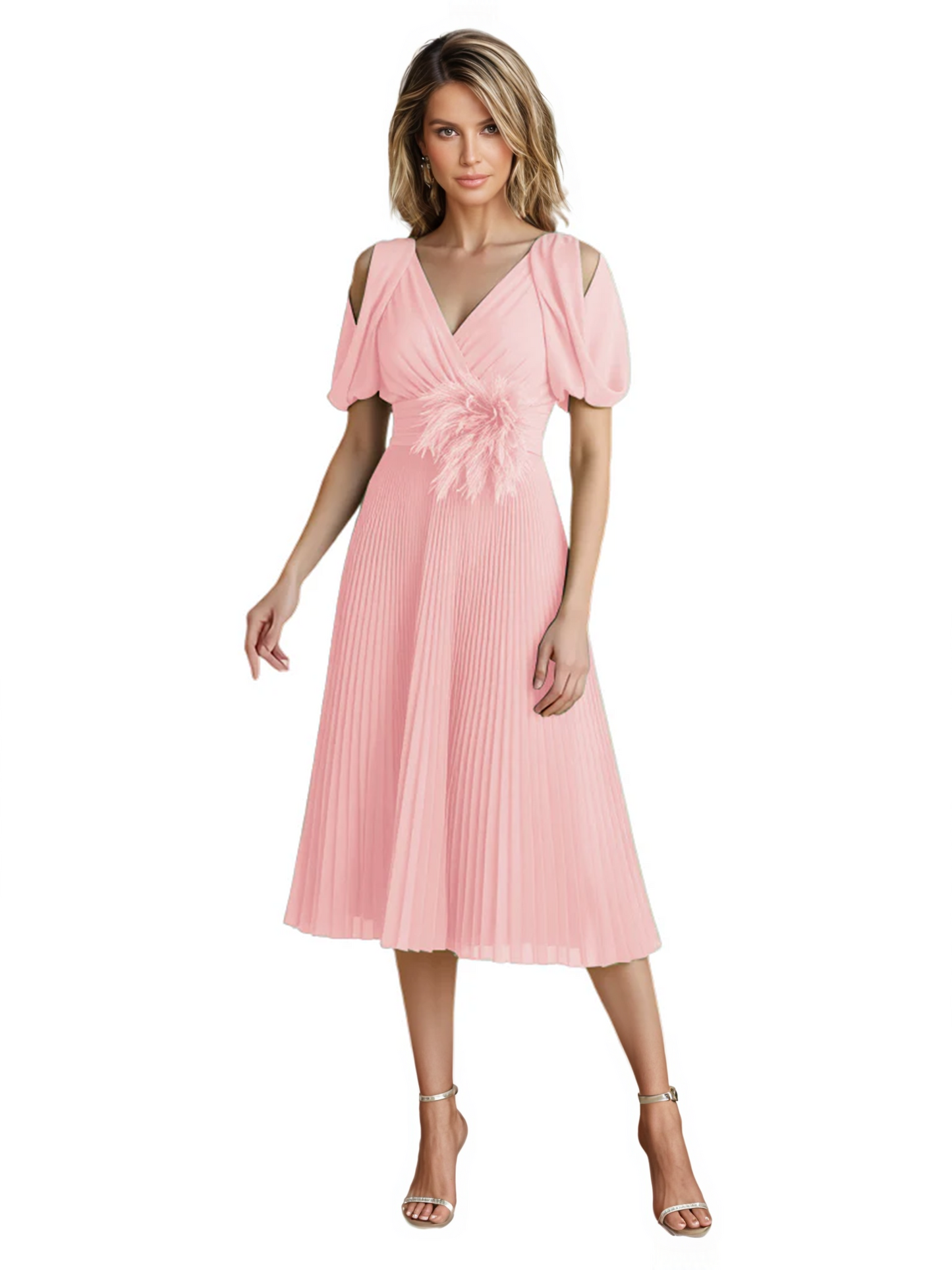 Wedding Formal Dress V-Neck Pleated Chiffon Gown with 3D Flower Accent Knee Length