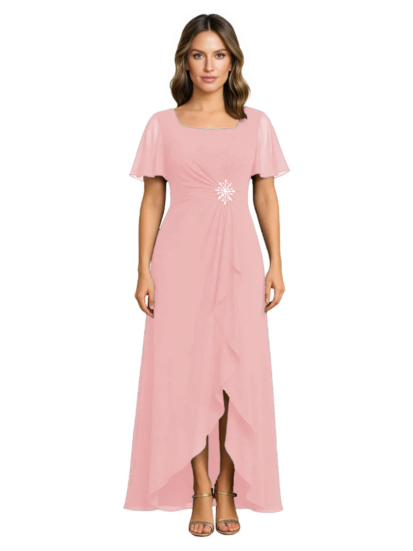 Formal High-Low Mother of the Bride Gown Sleeved Chiffon Maxi Dress Ruched Waist