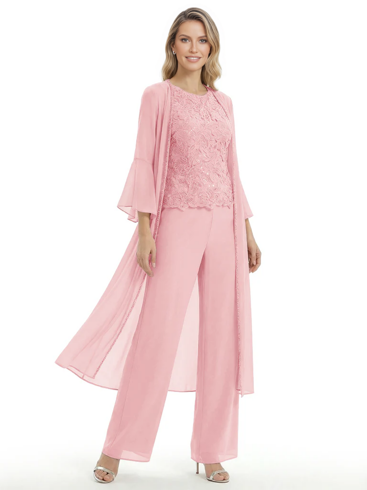 Elegant Pink 3-Piece Pant Set Trending 2026 Styles with Lace Wide-Leg Pants