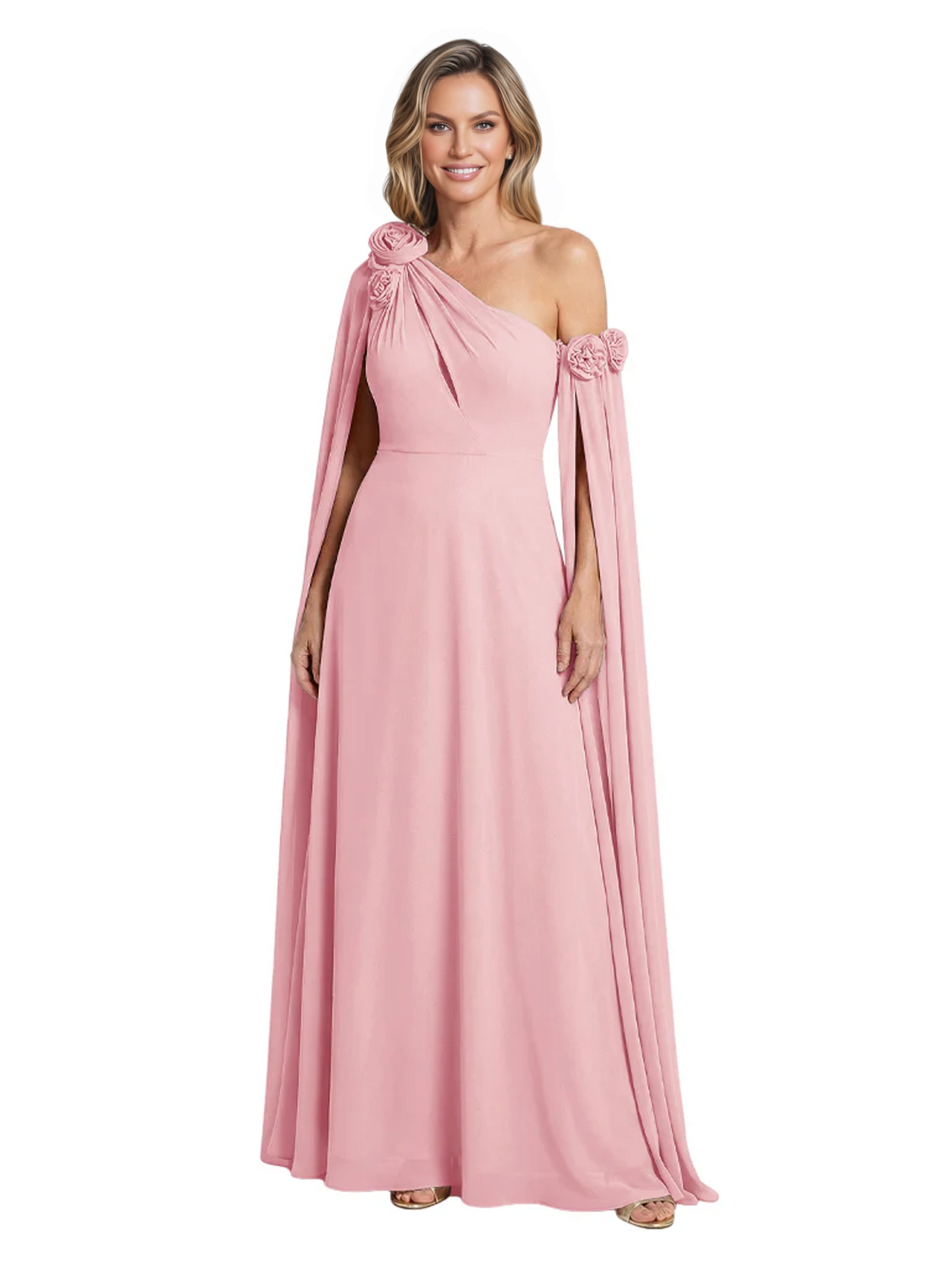 One Shoulder Mother of the Bride Dress Asymmetrical Cape Sleeve Gown with Floral