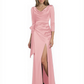 Elegant Evening Gowns Slit Trending Styles Satin Slit Formal Dress Cowl Neckline Gown Tie