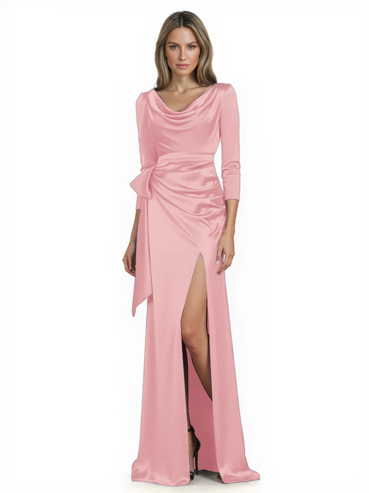 Elegant Evening Gowns Slit Trending Styles Satin Slit Formal Dress Cowl Neckline Gown Tie