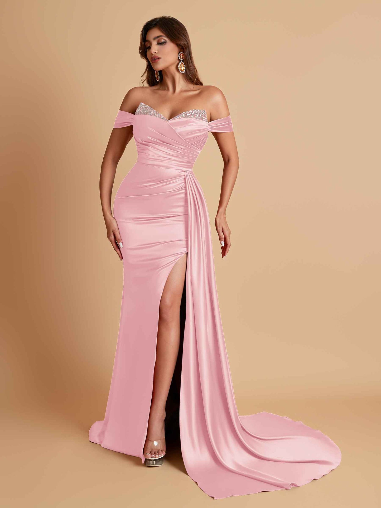 Gorgeous Soft Satin V-neck Off-the-Shoulder Side-Slit Mermaid Bridesmaid Dresses