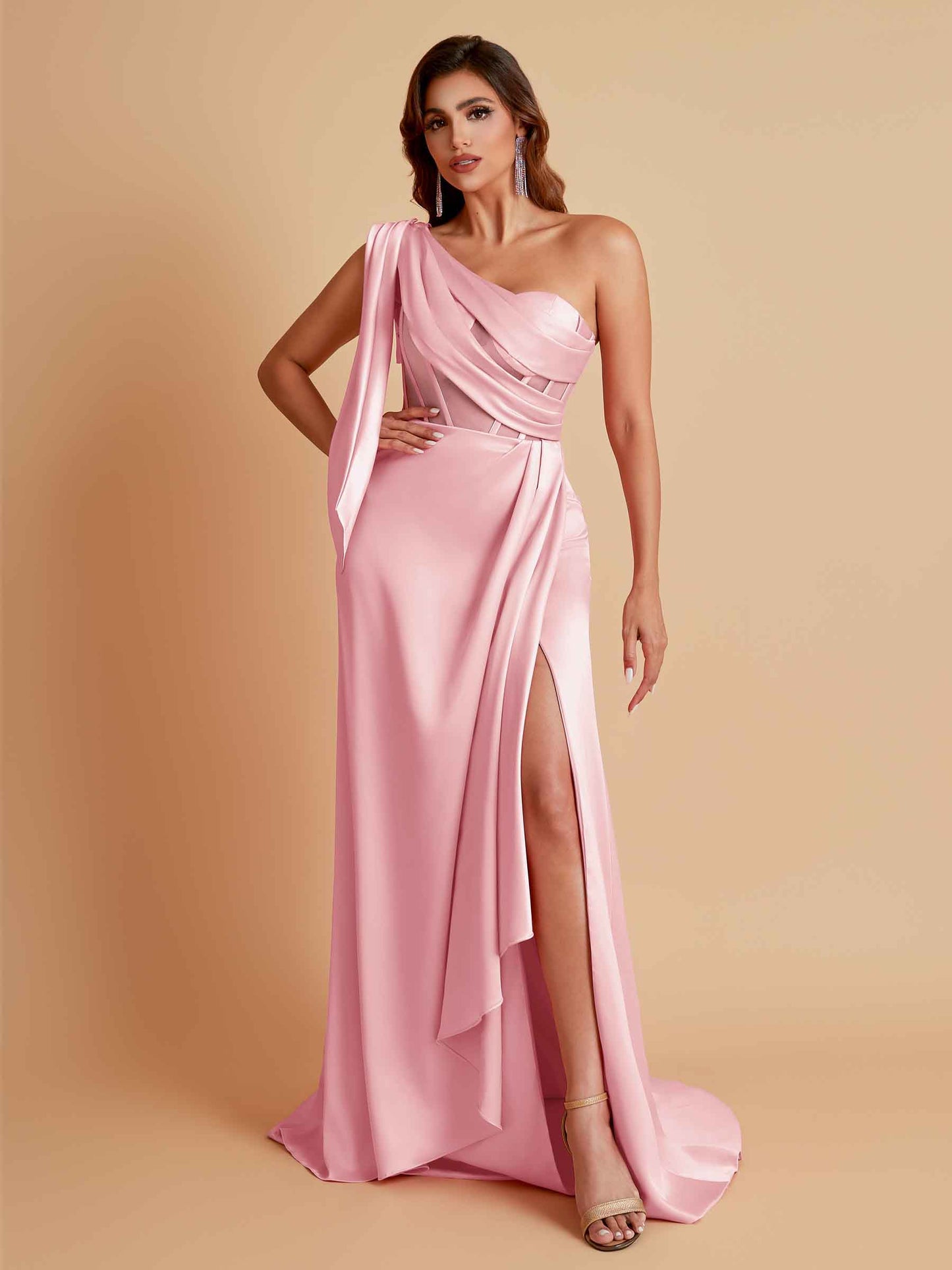 Sexy Soft Satin Mermaid One Shoulder Asymmetrical Side Slit Floor-Length Bridesmaid Dresses