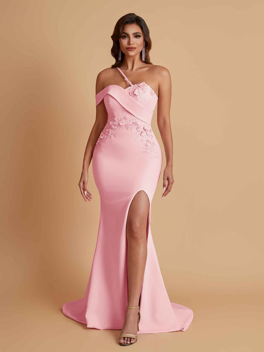 Sexy Soft Satin Mermaid One Shoulder Asymmetrical Side Slit Floor-Length Bridesmaid Dresses