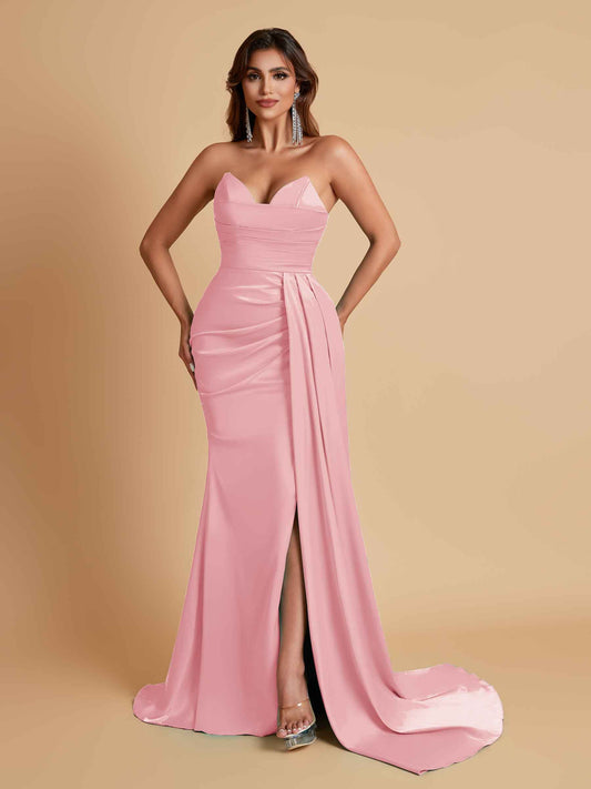 Gorgeous Strapless Soft Satin Side Slit Floor-Length Mermaid Bridesmaid Dresses