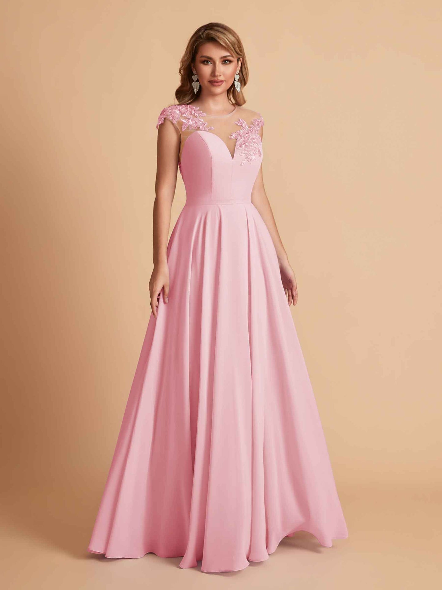 Chiffon Illusion Lace Top A-line Bridesmaid Dresses V-neck Floor Length Wedding Guest Dresses