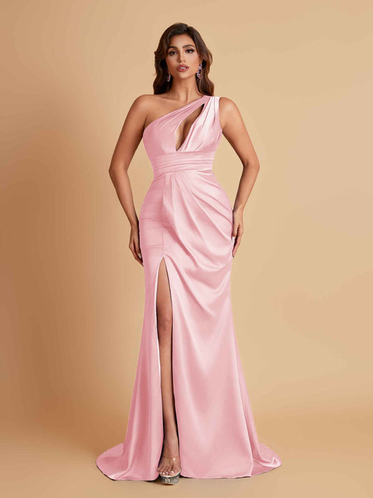 Sexy One Shoulder Soft Satin Side Slit Floor-Length Mermaid Bridesmaid Dresses
