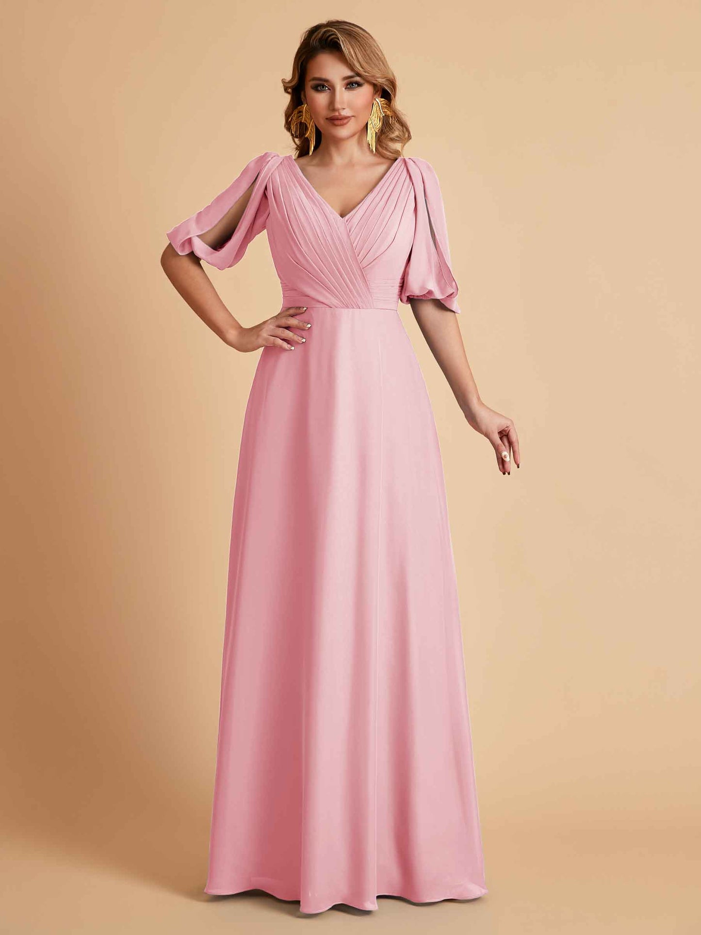 Elegant A-Line Chiffon Half Sleeves V-Neck Mother of the Brides Dresses Online