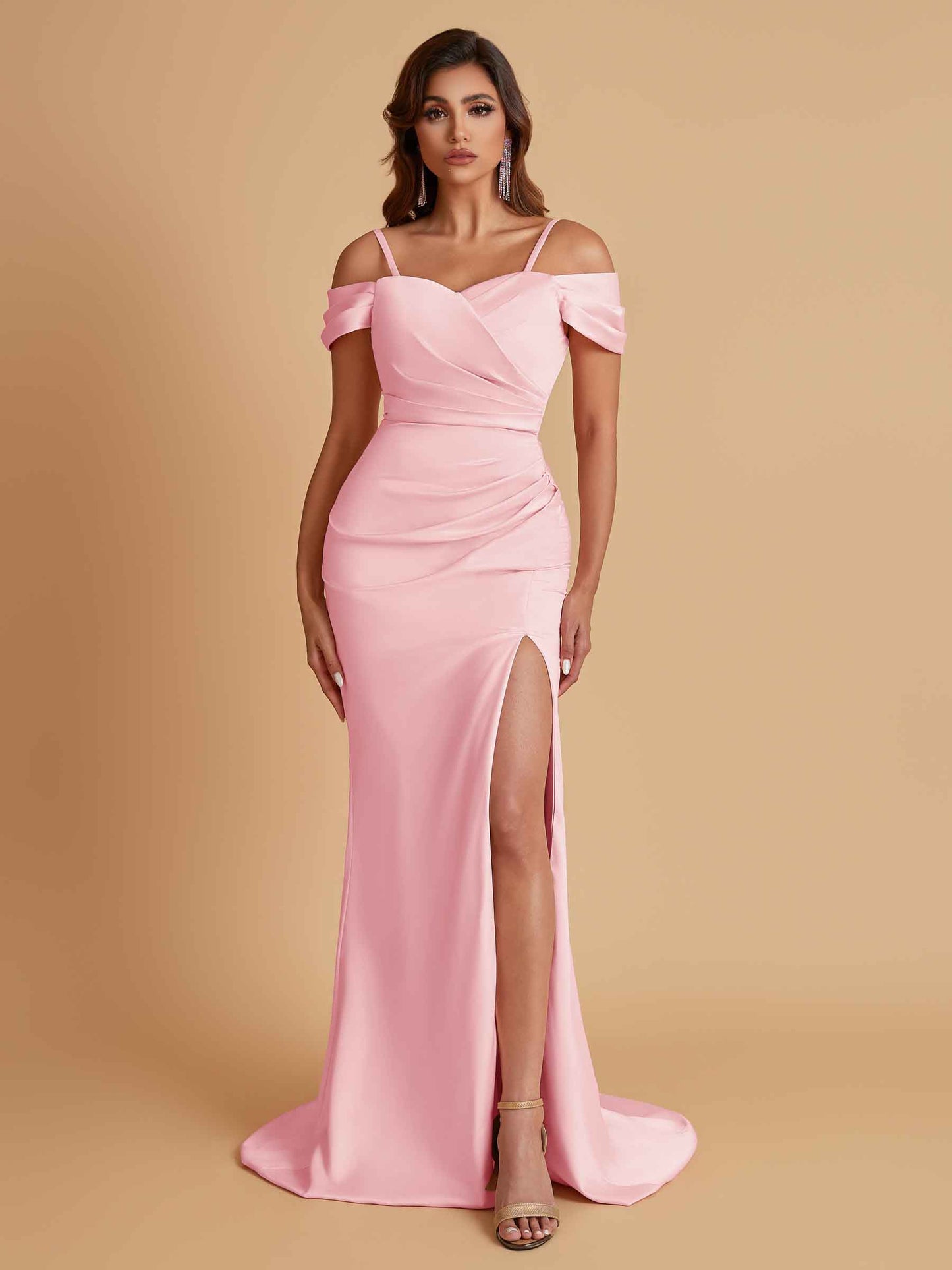 Sexy Soft Satin Mermaid Cold Shoulder Side Slit Floor-Length Bridesmaid Dresses Online
