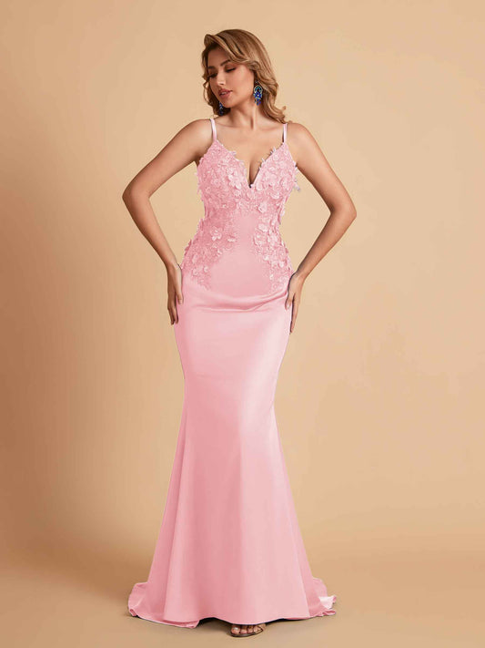 Sexy Satin Spaghetti Straps V-neck Mermaid Floor Length Applique Bridesmaid Dresses