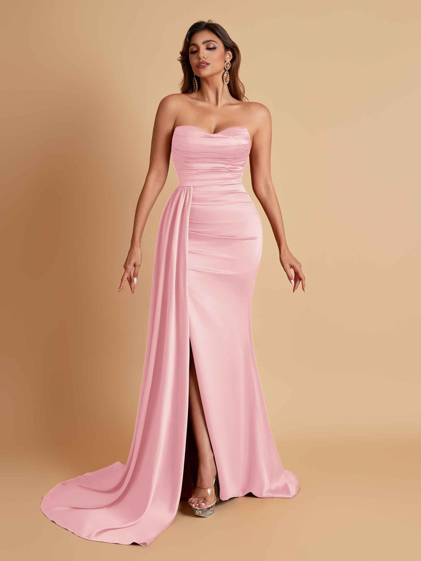 Elegant Soft Satin Sweetheart Strapless Side-Slit Mermaid Bridesmaid Dresses