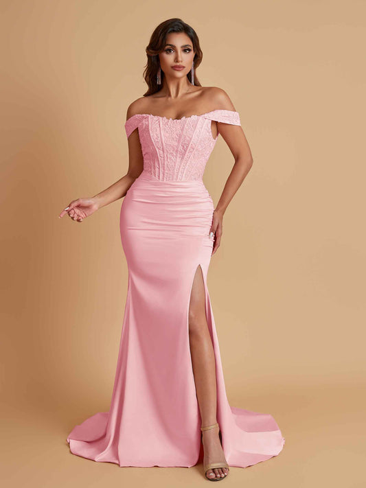 Elegant Soft Satin Mermaid Off Shoulder Side Slit Floor-Length Mermaid Bridesmaid Dresses