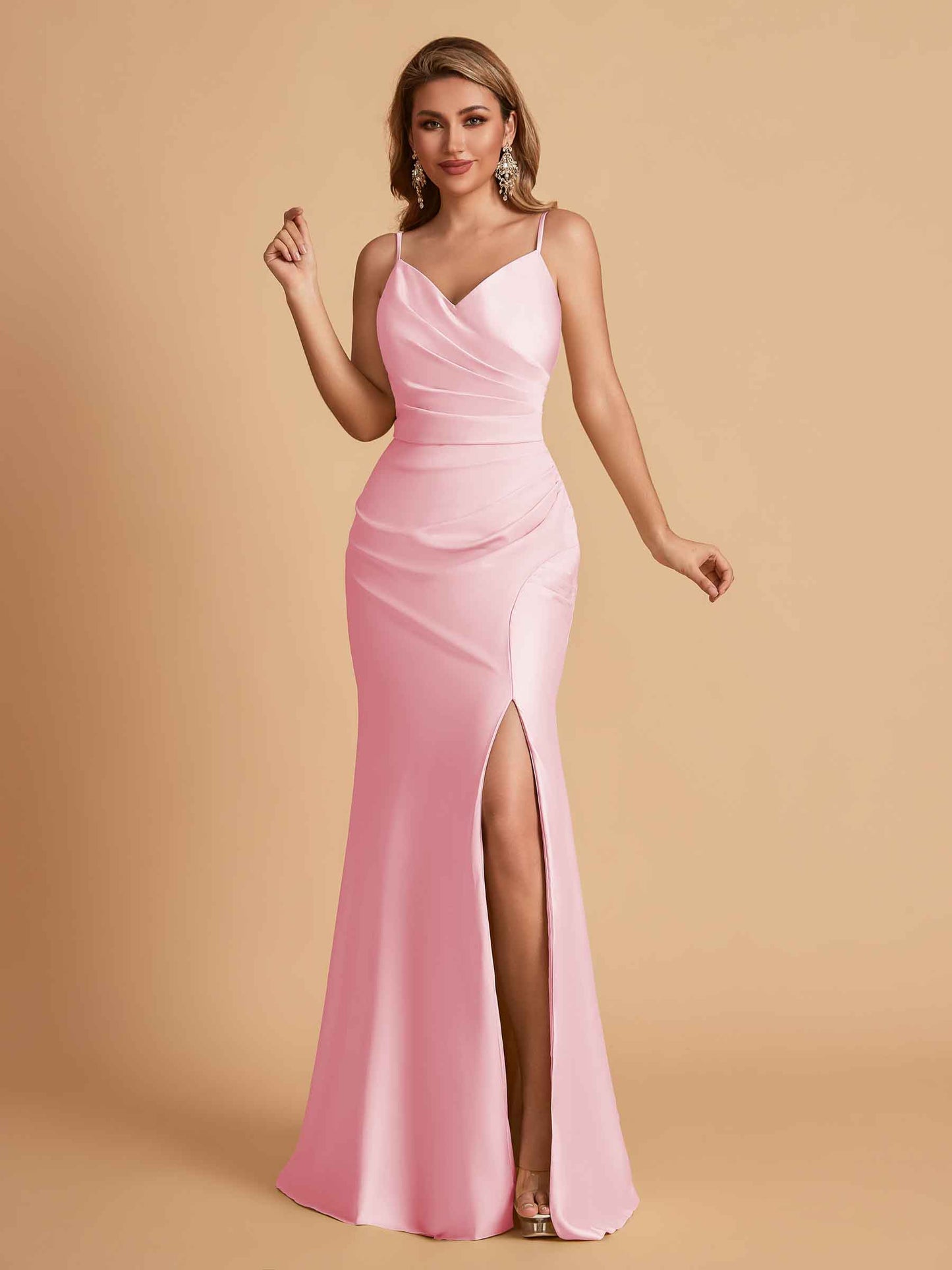 Elegant Satin Spaghetti Straps Mermaid Side Slit Floor Length Bridesmaid Dresses