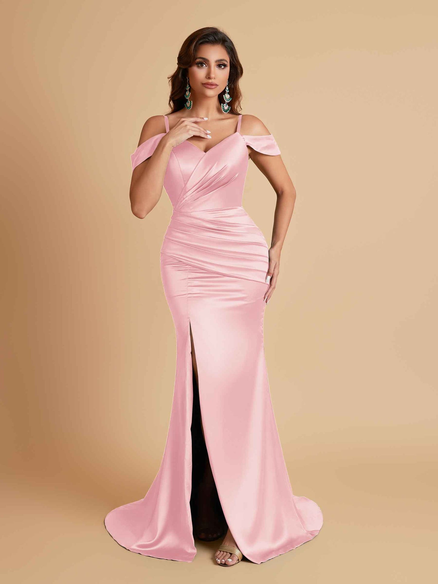 Sexy Soft Satin Mermaid Off Shoulder Side Slit Floor-Length Mermaid Bridesmaid Dresses