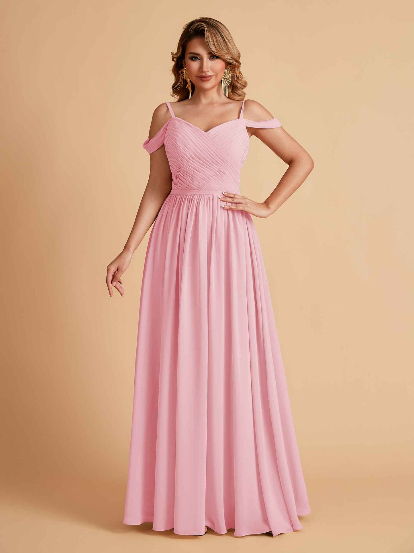 Elegant A-line Chiffon Off The Shoulder V-Neck Bridesmaid Dresses Online