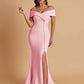 Elegant Soft Satin Mermaid Off Shoulder Side Slit Floor-Length Bridesmaid Dresses