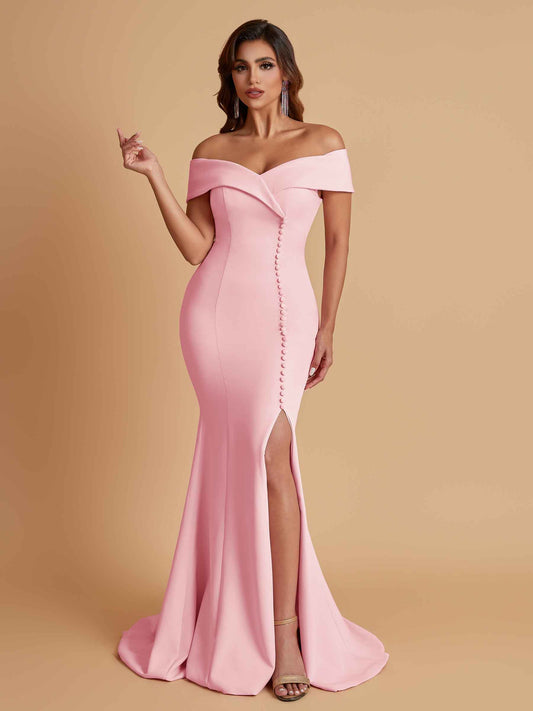 Elegant Soft Satin Mermaid Off Shoulder Side Slit Floor-Length Bridesmaid Dresses