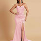 Sexy Spaghetti Straps V Neck Soft Satin Side Slit Floor-Length Mermaid Bridesmaid Dresses