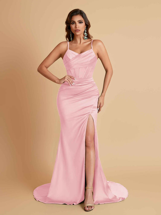 Sexy Spaghetti Straps V Neck Soft Satin Side Slit Floor-Length Mermaid Bridesmaid Dresses