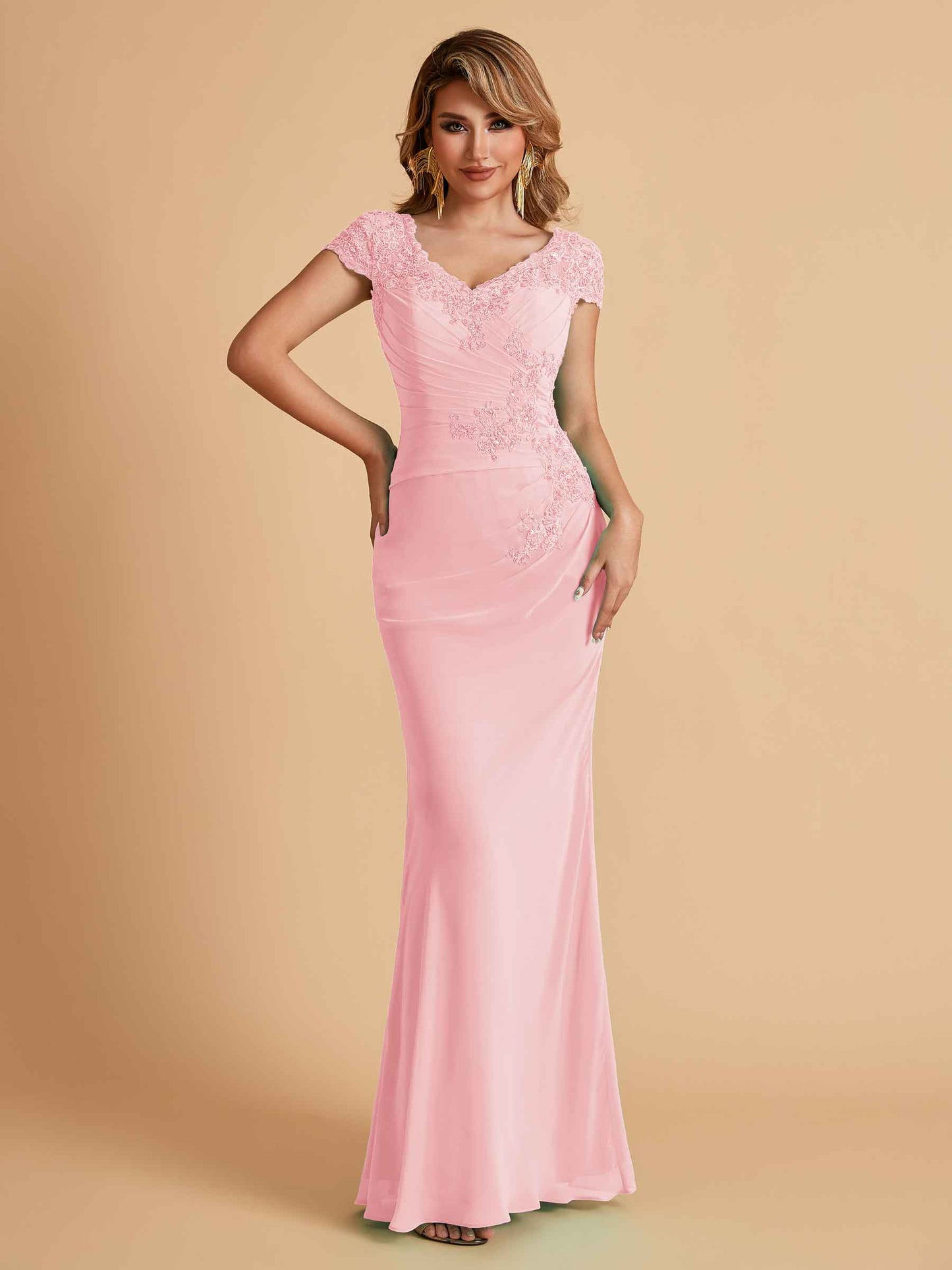 Elegant Mermaid Chiffon Cap Sleeves V-Neck Mother of the Brides Dresses Online