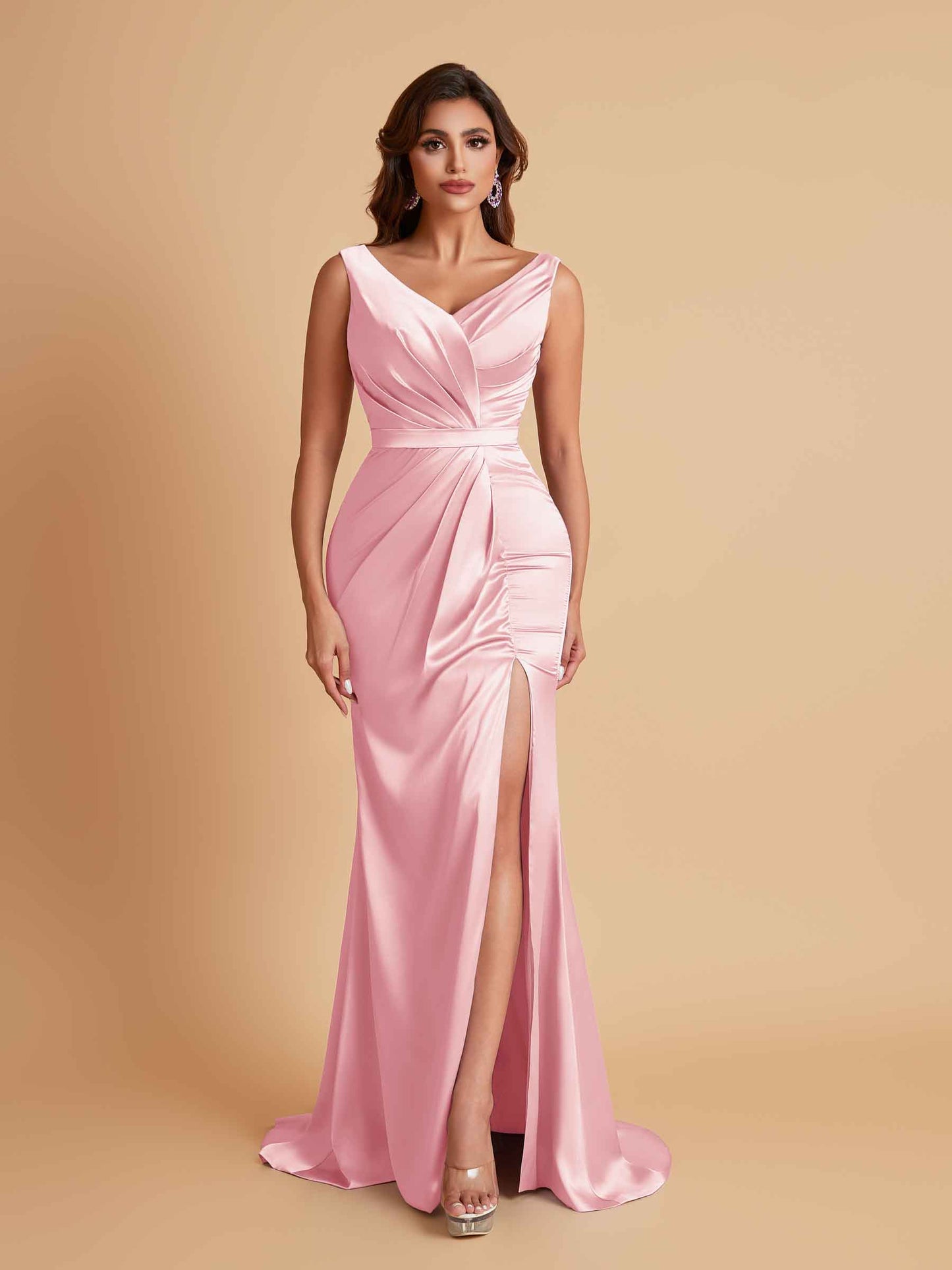 Elegant V Neck Soft Satin Side Slit Floor-Length Mermaid Bridesmaid Dresses