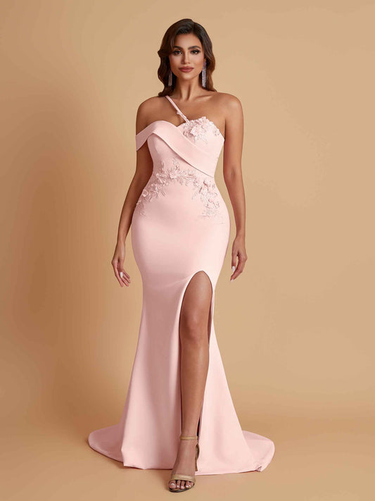 Sexy Soft Satin Mermaid One Shoulder Asymmetrical Side Slit Floor-Length Bridesmaid Dresses