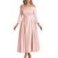 Off Shoulder Mother of the Bride Dress Tea-Length Satin Gown with Lace Applique