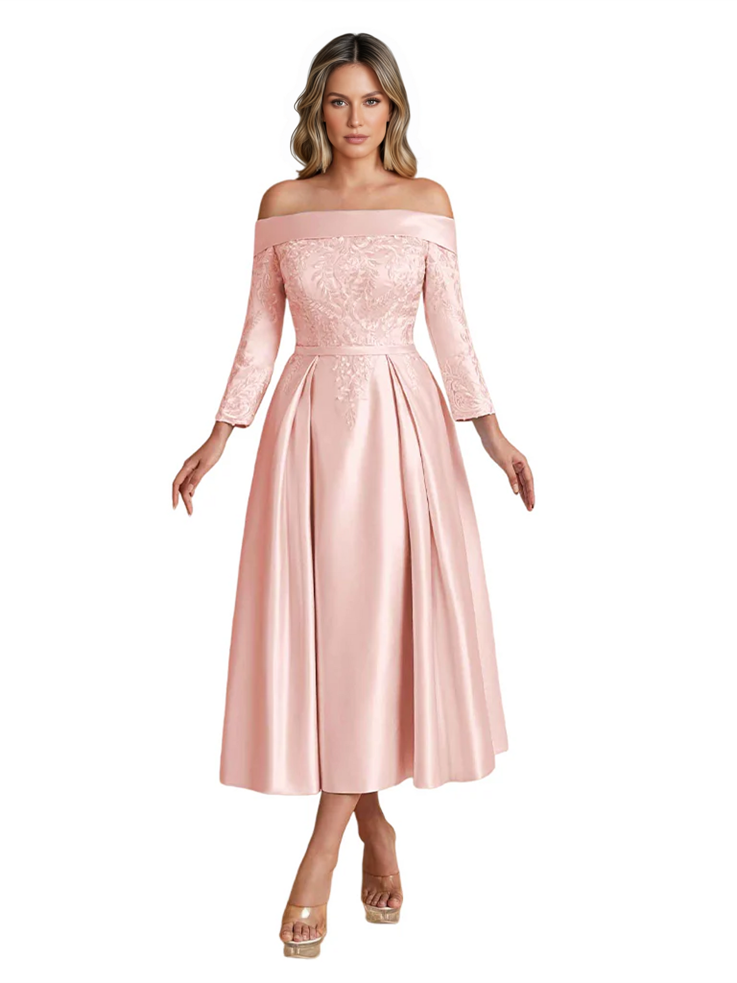 Off Shoulder Mother of the Bride Dress Tea-Length Satin Gown with Lace Applique
