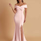 Elegant Soft Satin Mermaid Off Shoulder Side Slit Floor-Length Bridesmaid Dresses