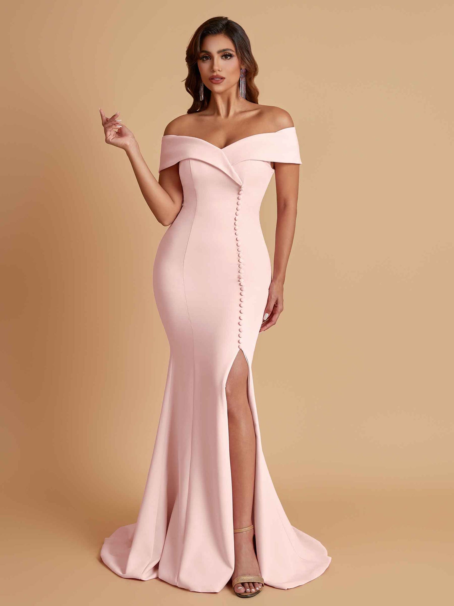 Elegant Soft Satin Mermaid Off Shoulder Side Slit Floor-Length Bridesmaid Dresses