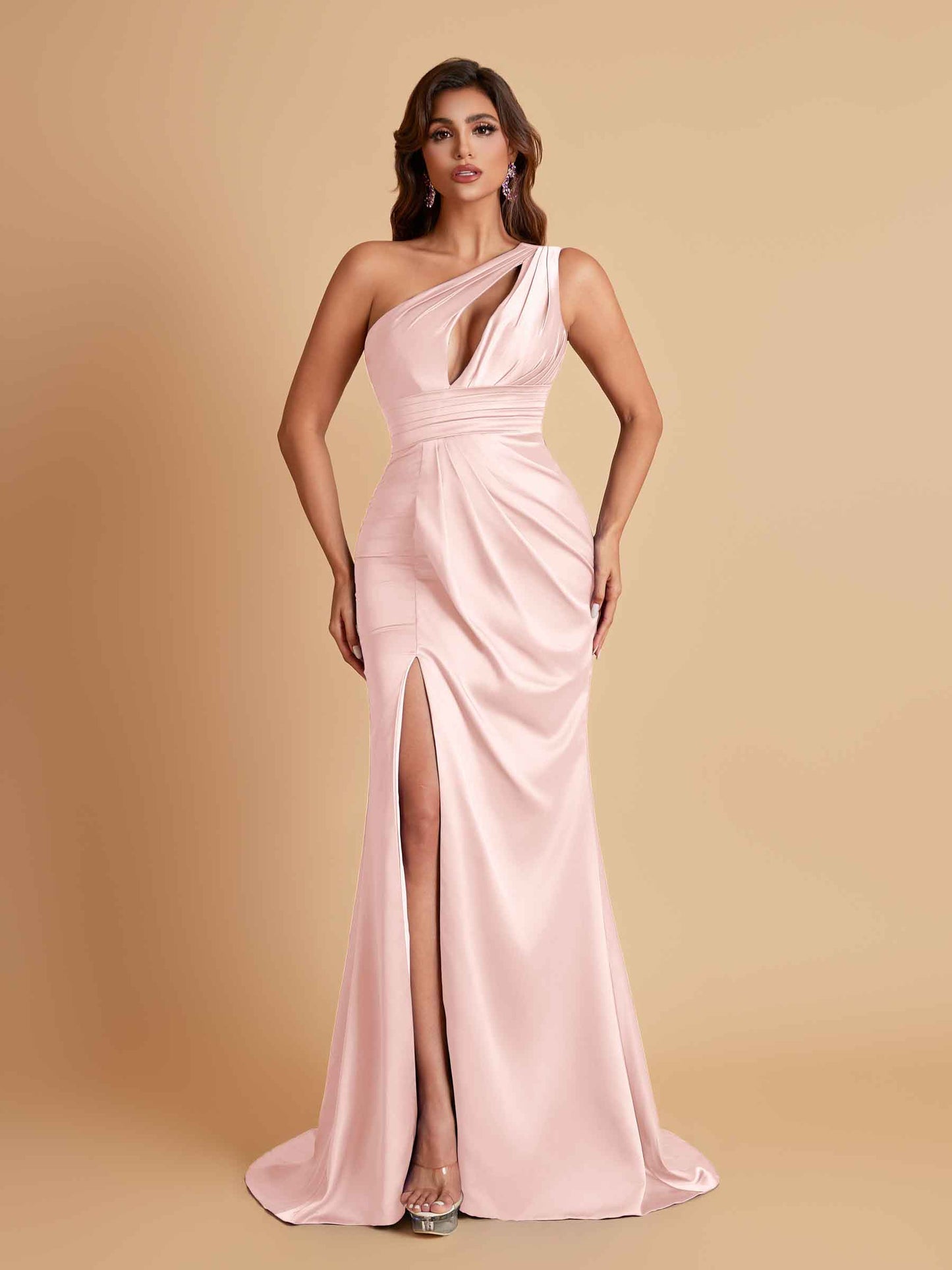 Sexy One Shoulder Soft Satin Side Slit Floor-Length Mermaid Bridesmaid Dresses