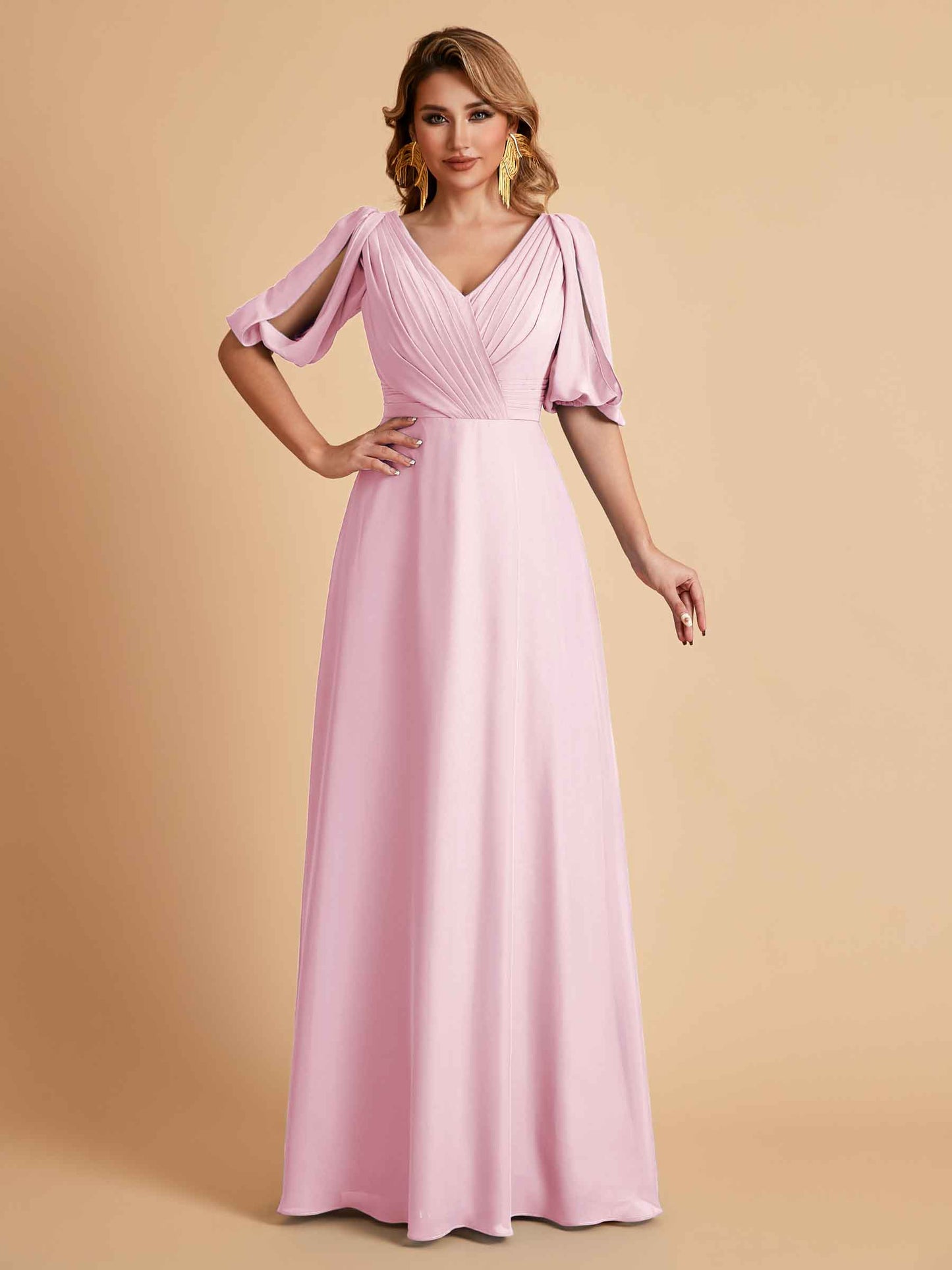 Elegant A-Line Chiffon Half Sleeves V-Neck Mother of the Brides Dresses Online