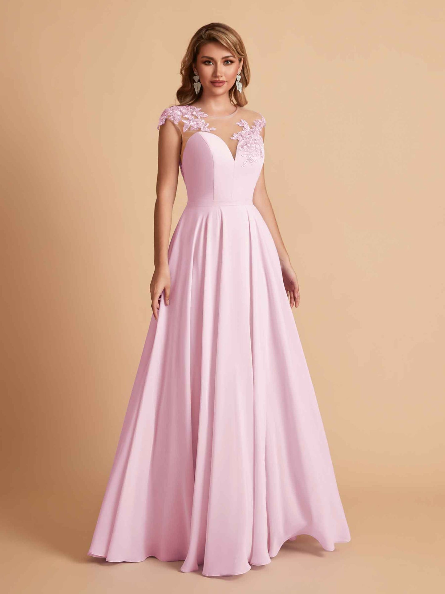 Chiffon Illusion Lace Top A-line Bridesmaid Dresses V-neck Floor Length Wedding Guest Dresses